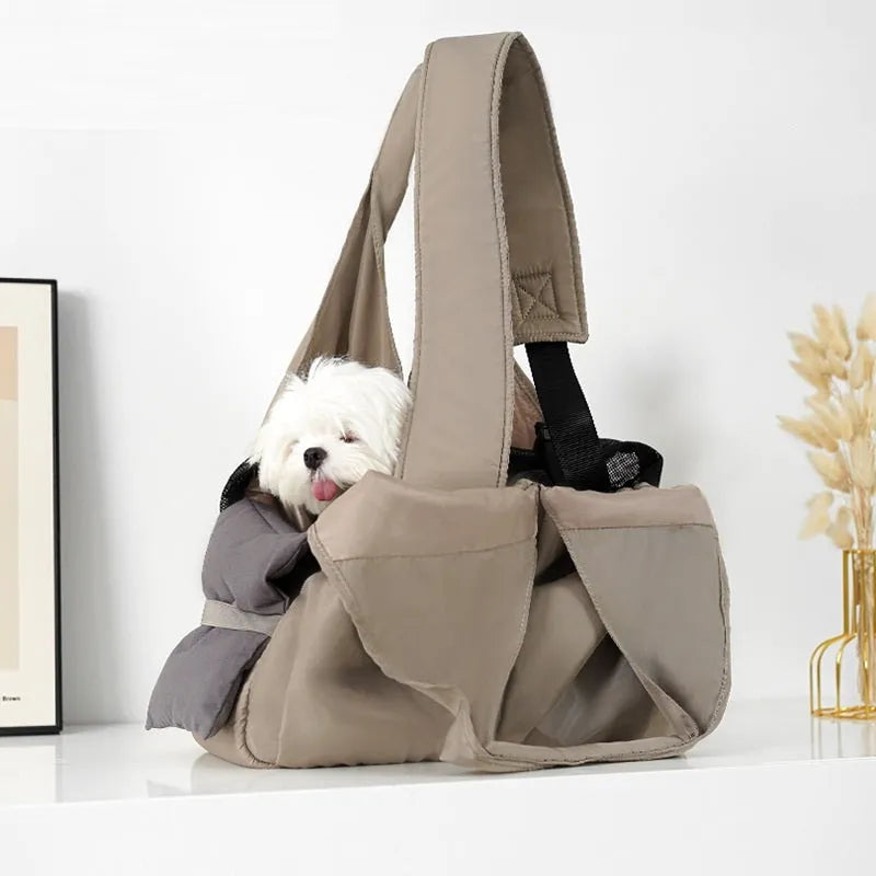 Apricot cloth pet handbag measuring 41cm long for small dog or cat summer transport