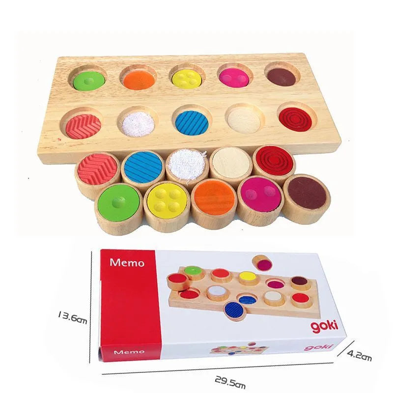 Wooden Montessori touch box balance building blocks toy set on a white background