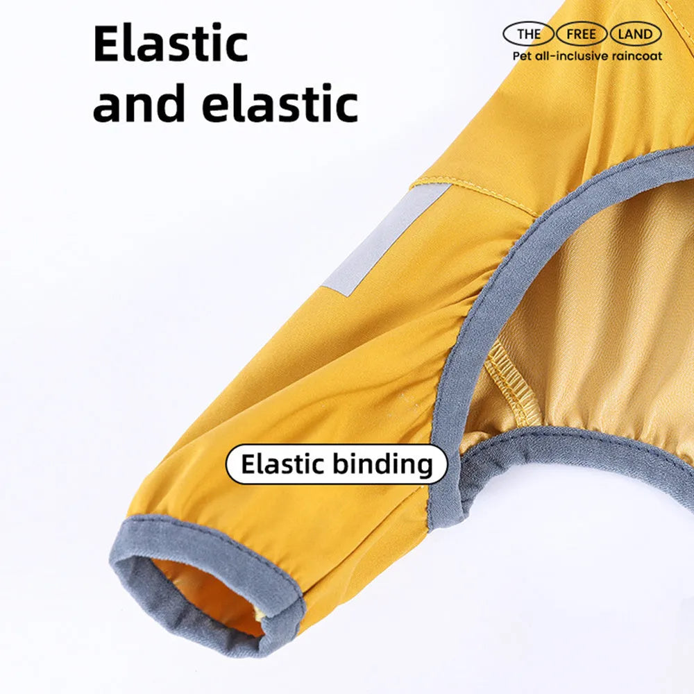 Waterproof dog raincoat with reflective strips, hood, and four-leg design for small medium dogs