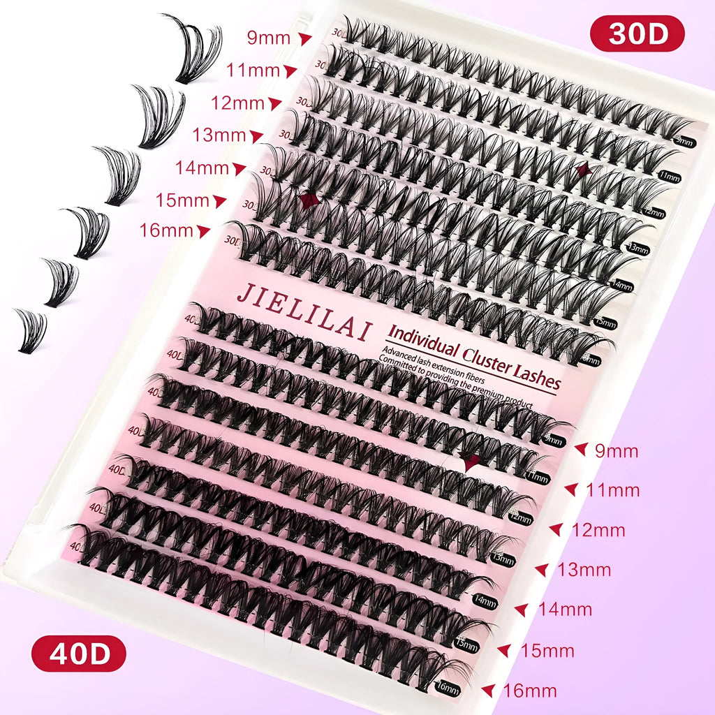 DIY cluster false eyelashes mixed package showing boxes of 30D and 40D lashes and tweezers