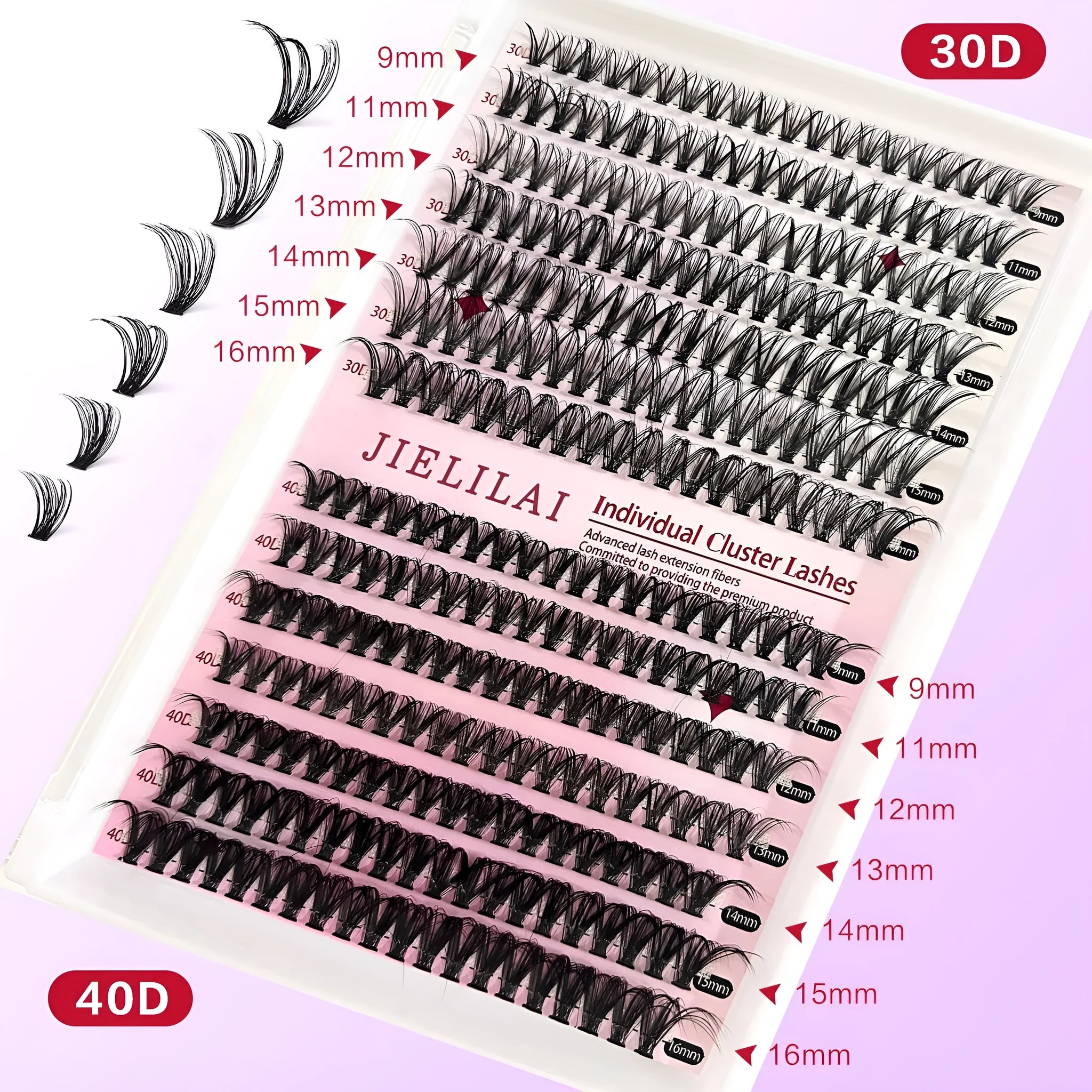 DIY cluster false eyelashes mixed package showing boxes of 30D and 40D lashes and tweezers