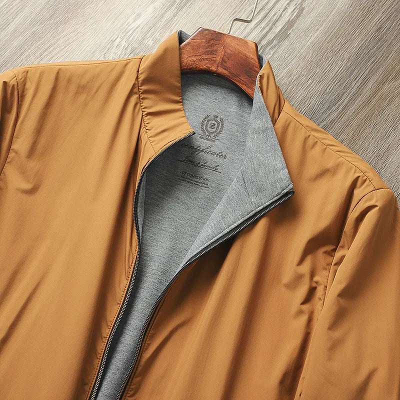 Men's simple stand collar jacket in a polyester blend, shown in Army Green colour.