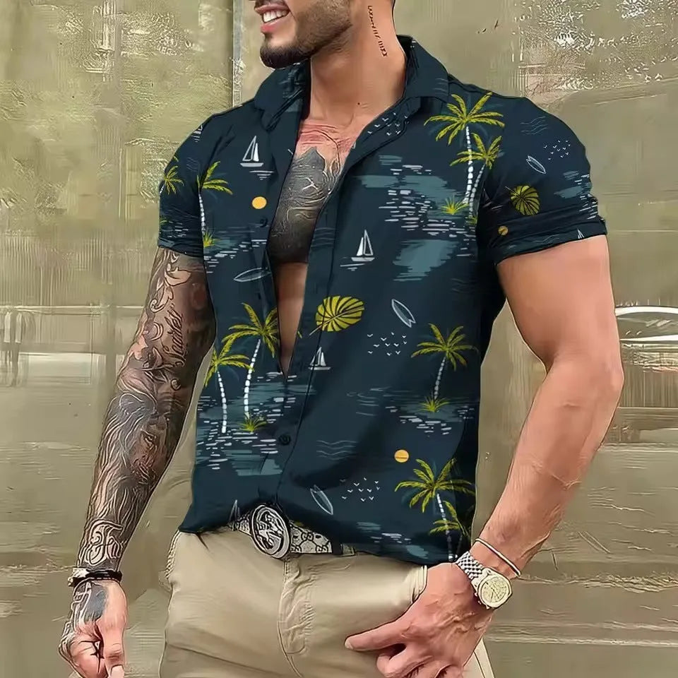 Man wearing a loose-fit short sleeve shirt with a colourful digital flower print pattern.