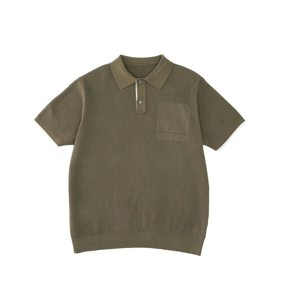 Men's summer business casual sweater with contrast colour lapels, short sleeves, solid colour, polyester fabric