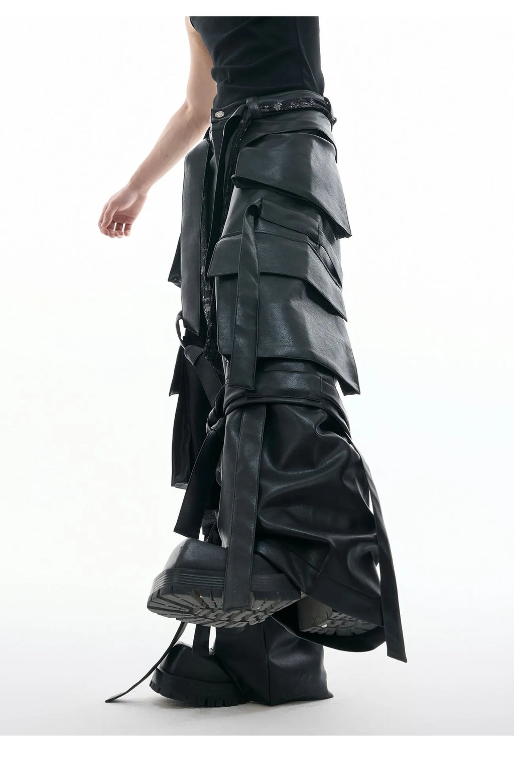 Black loose fit retro pants with multiple pockets, quilted stitching details and ribbon trim