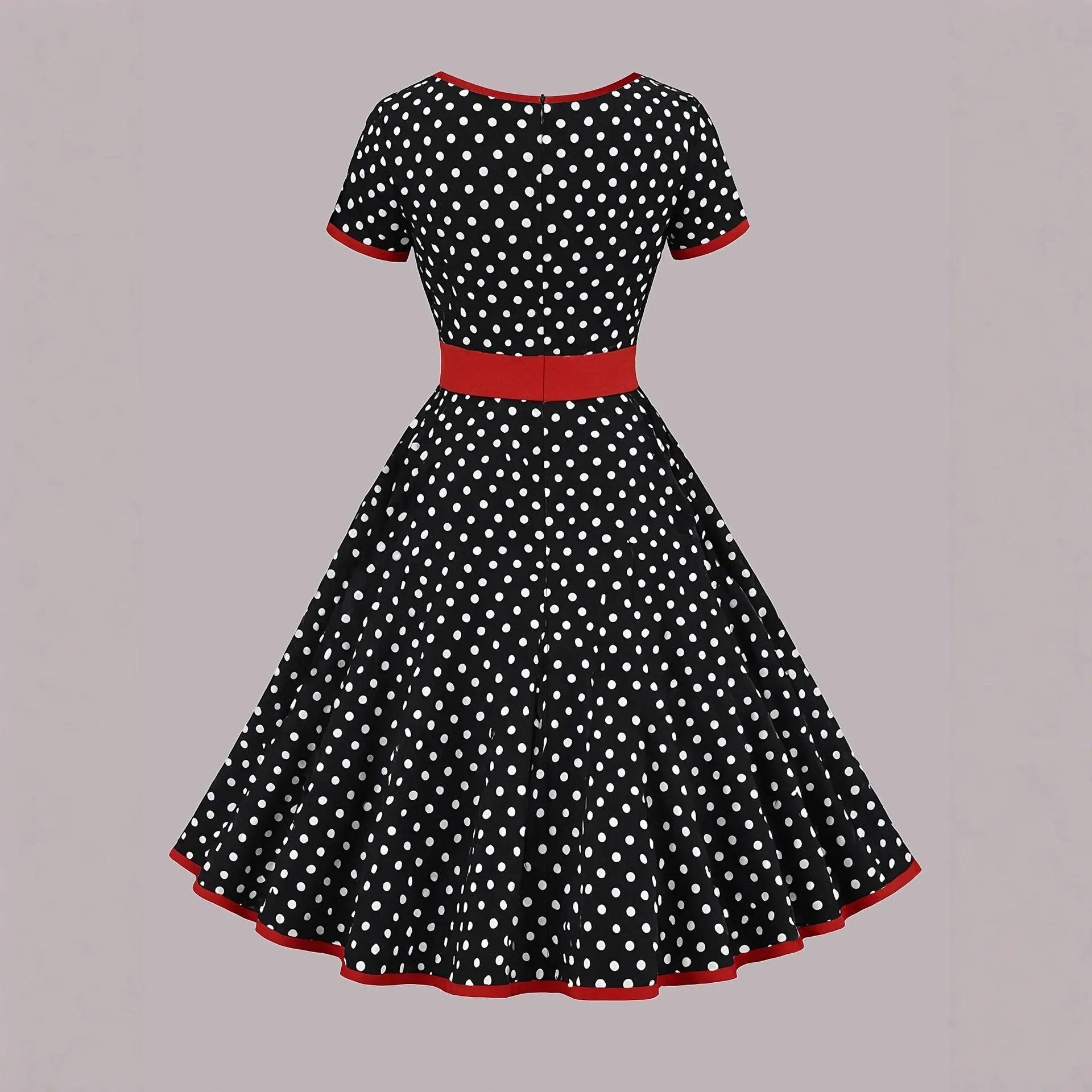 Multicolour polka dot women's dress with a square collar, short sleeves, and a pleated midi skirt.