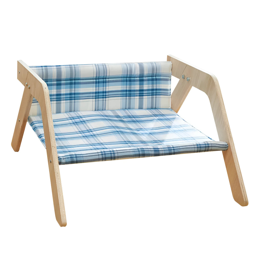 Wooden frame cat hammock bed with blue cloth elevated cat sleeping spot