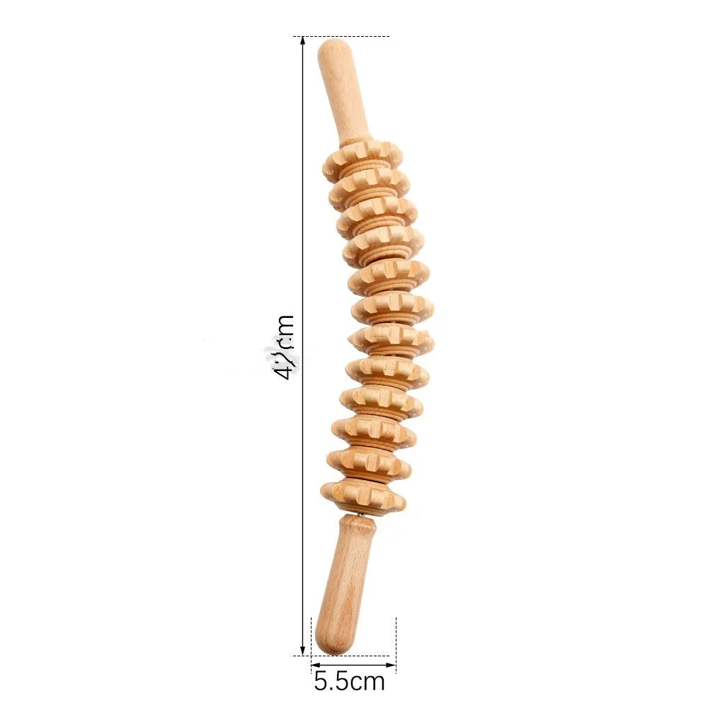 Set of natural beech wood massage rollers including T-shaped, 9-wheel, 12-wheel, and 13-wheel designs.