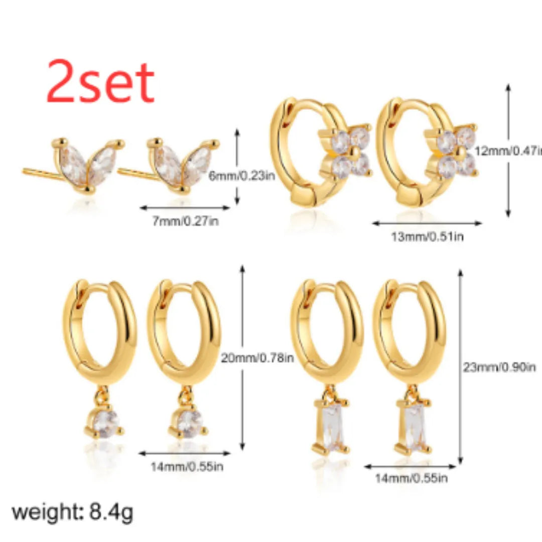 Copper electroplated geometric earrings set showing star, ellipse, ring and quadrilateral designs in gold or silver finish