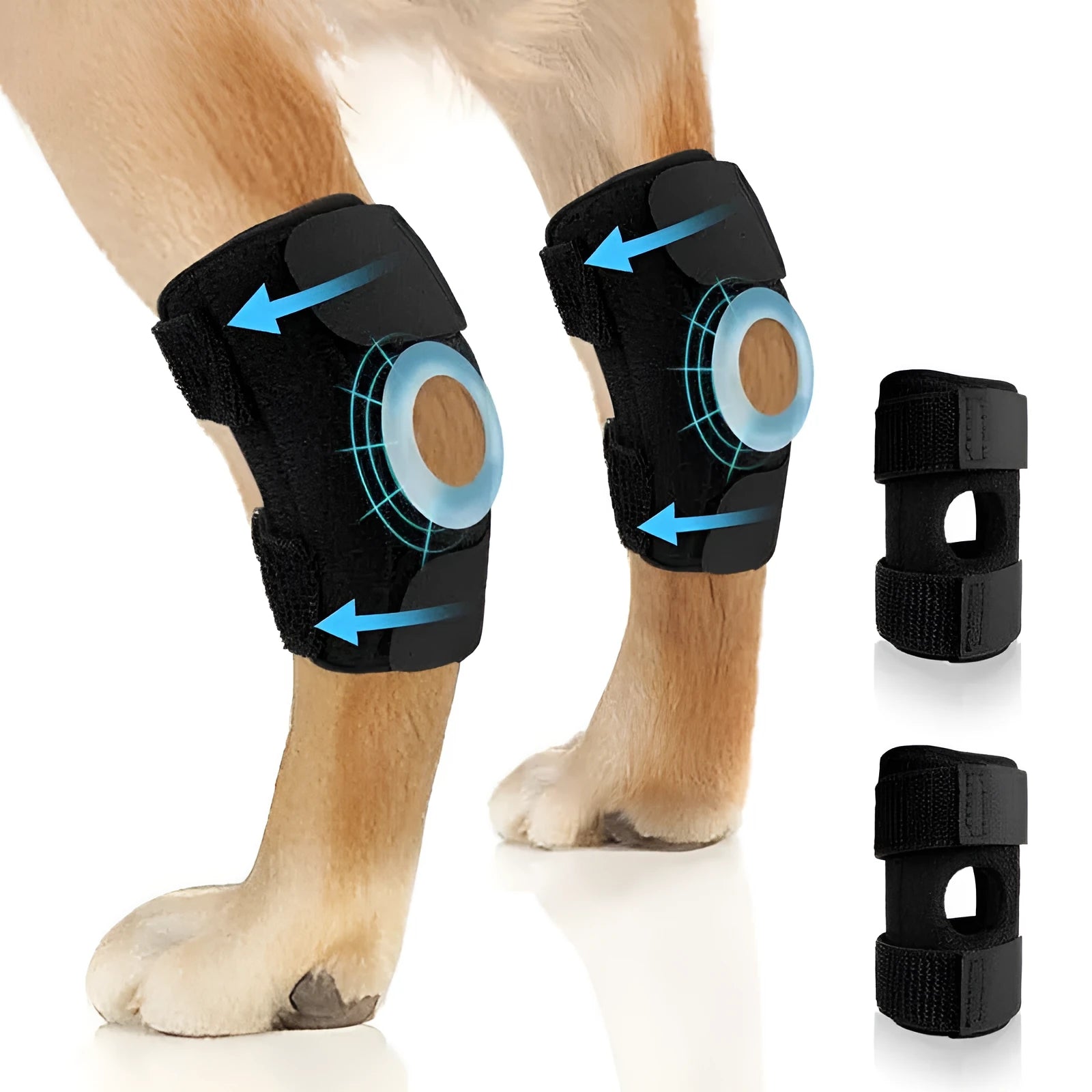 Black pet leg guard for ACL and joint protection showing adjustable fit and polyester construction