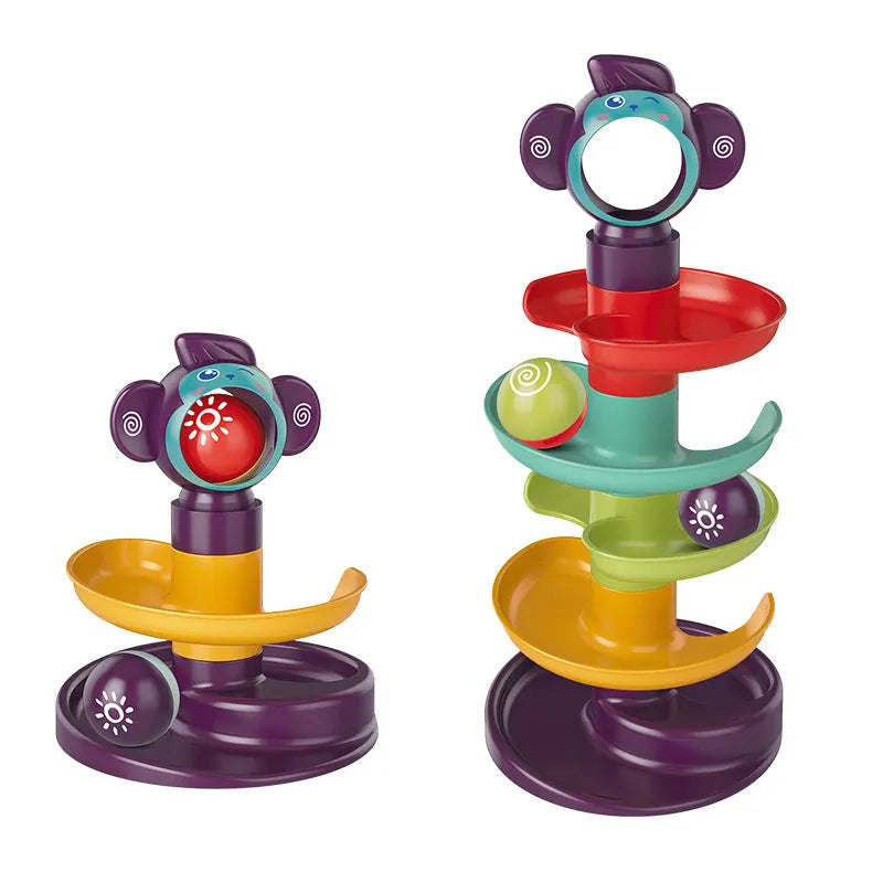 Children's plastic slide rotating music building blocks set with railway Jenga style, 28 × 9 × 27cm, colour box packaging