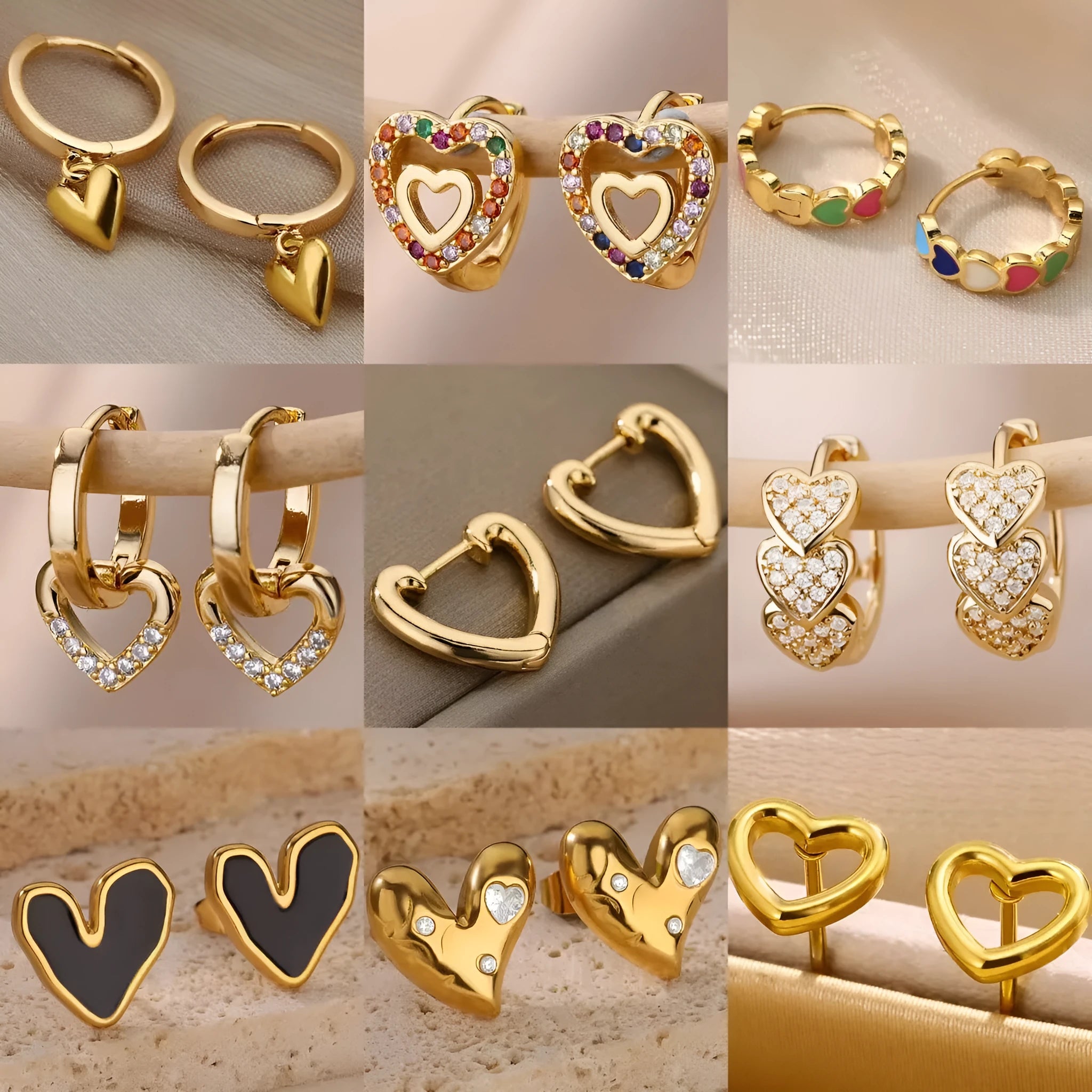 Heart-shaped stainless steel stud earrings with zircon stone accents for women