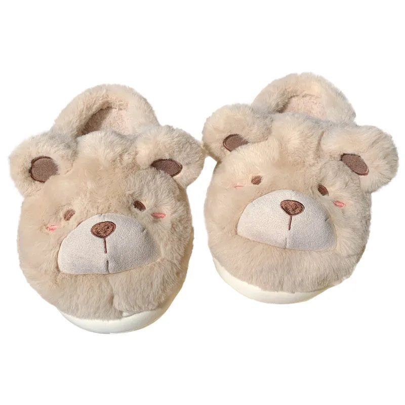 Women's cartoon pattern plush slippers with suede uppers in khaki, round toe design