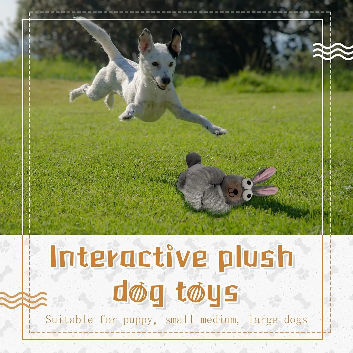 Foldable brown plush dog toy with squeaker and crinkle material for chew play.