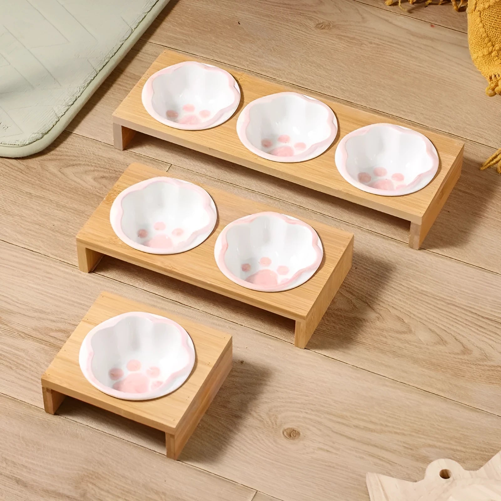 Raised bamboo frame ceramic pet bowl set for small cats and dogs in blue, reducing neck strain during eating