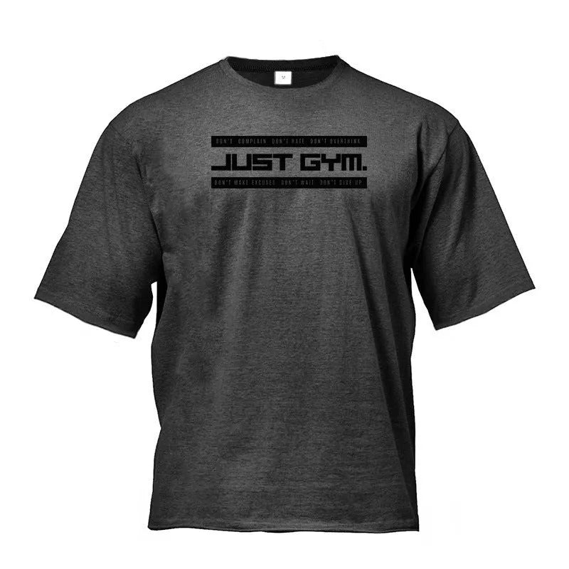Five-point sleeve cotton bodybuilding sports t-shirt in black, round neck, front view