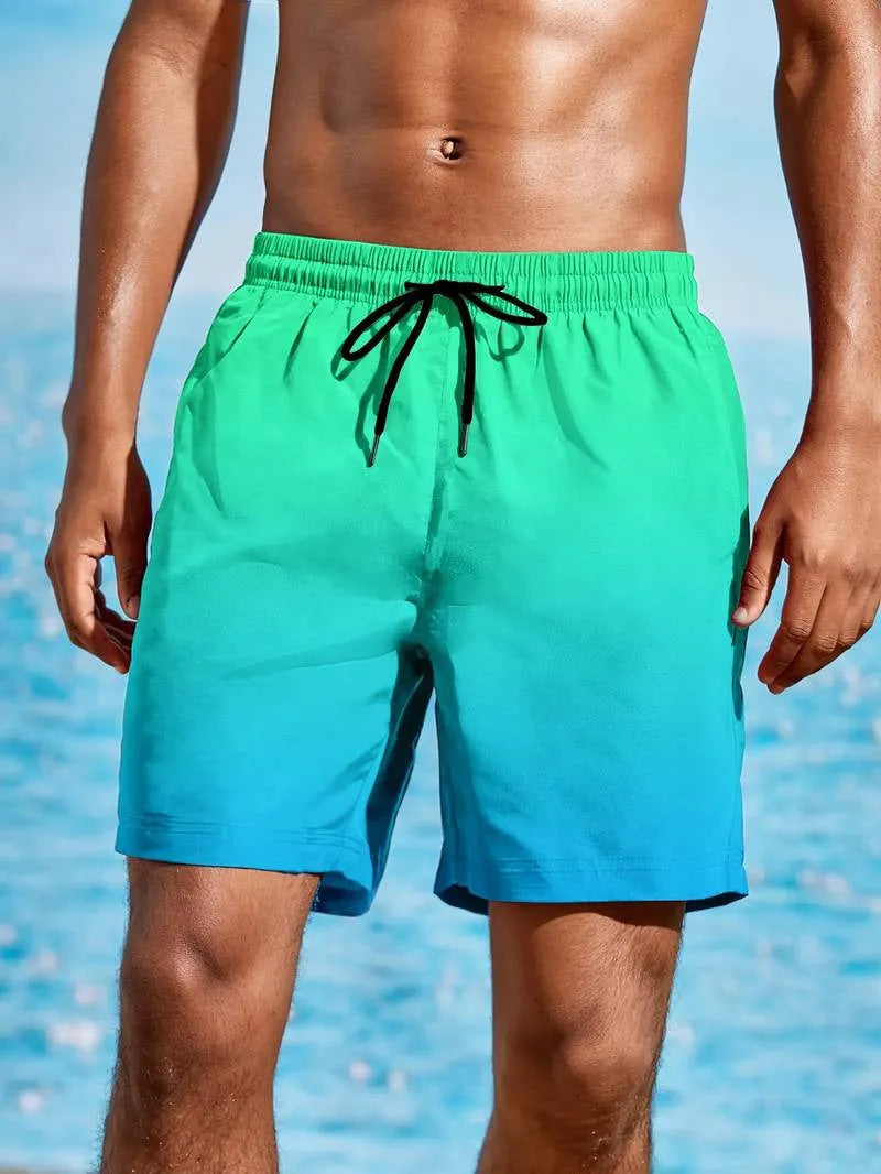 Men's gradient colour 3D digitally printed mesh sports shorts on a size chart.