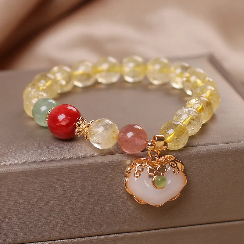 Women's natural citrine jade ruyi pendant bracelet with yellow hair crystal set in alloy metal