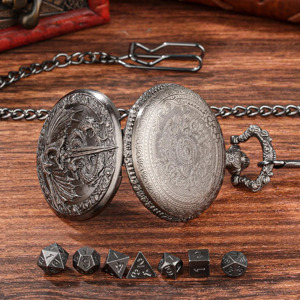 Zinc alloy DND dice storage case with winged beast and sword relief in bronze finish