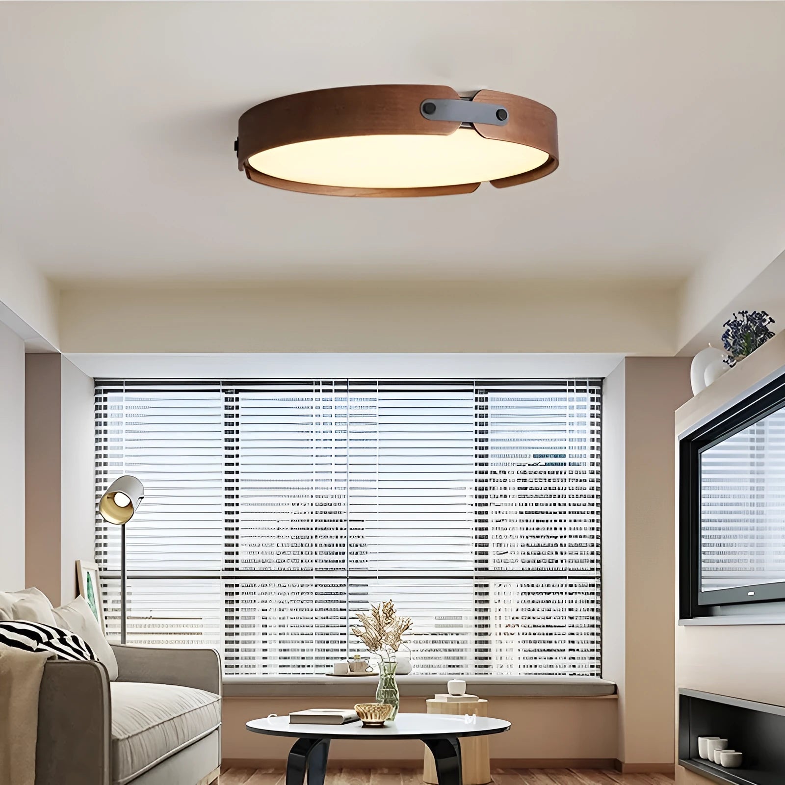 Japanese walnut bedroom ceiling lamp with PMMA lampshade and wooden shade in warm light colour