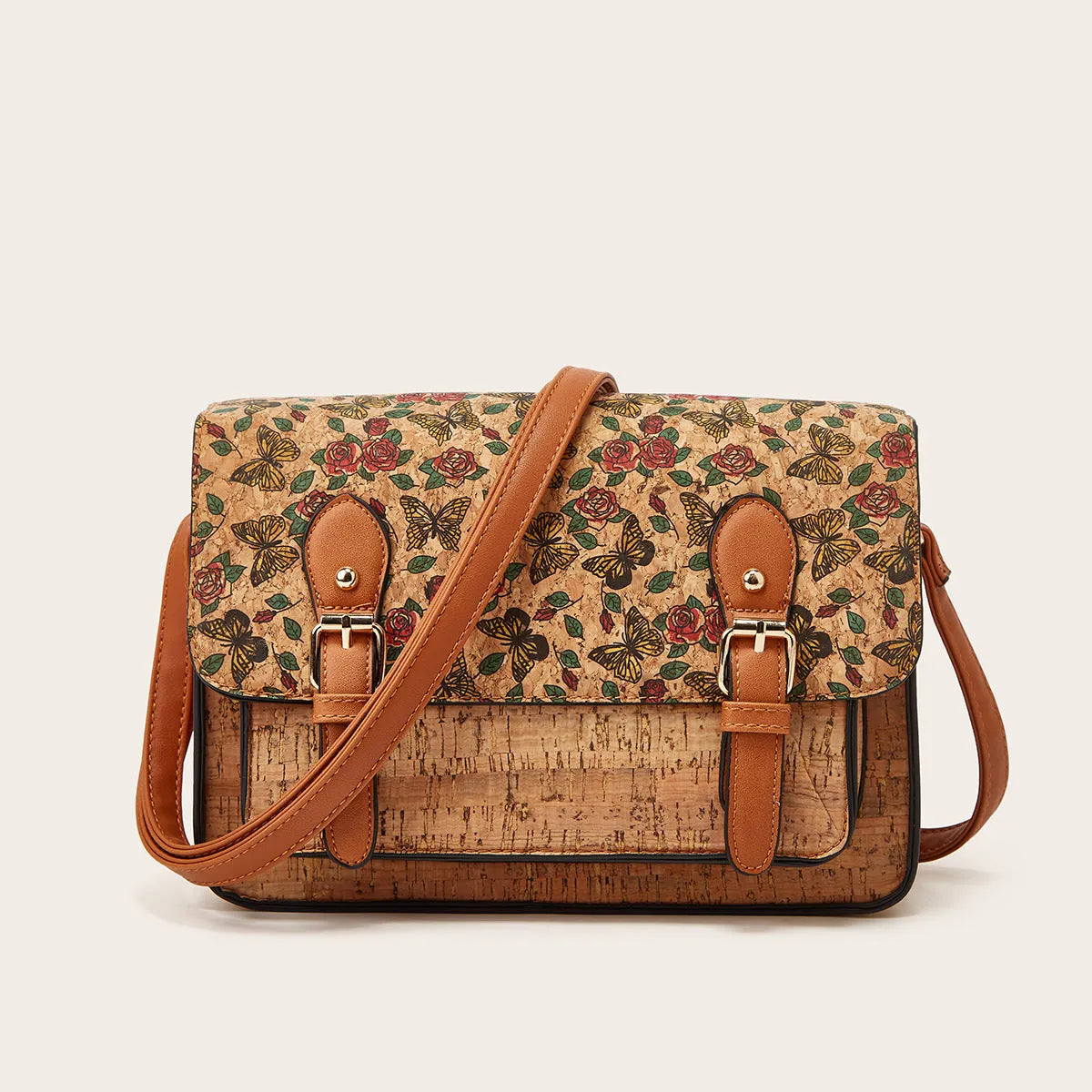Women's printed PU crossbody bag with single strap shown in one of four colour options: pansy, square print, grass flower, or green.