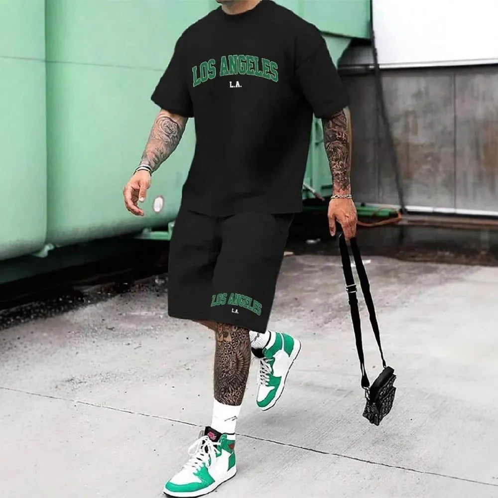 Men's 3D printed suit set with personality letter design on short sleeve top and matching shorts