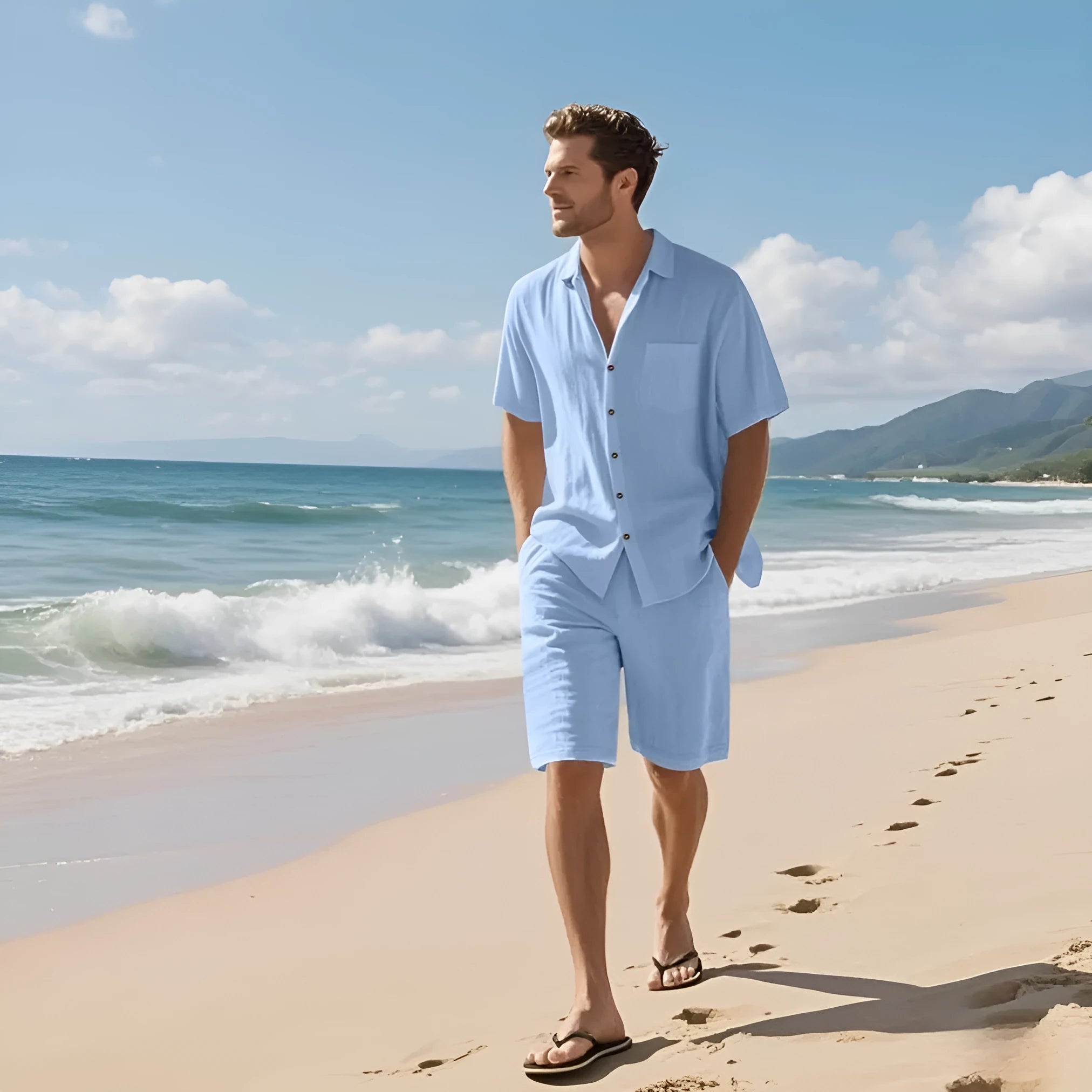 Linen blend short sleeve shirt and shorts beach suit set shown in light blue colour.