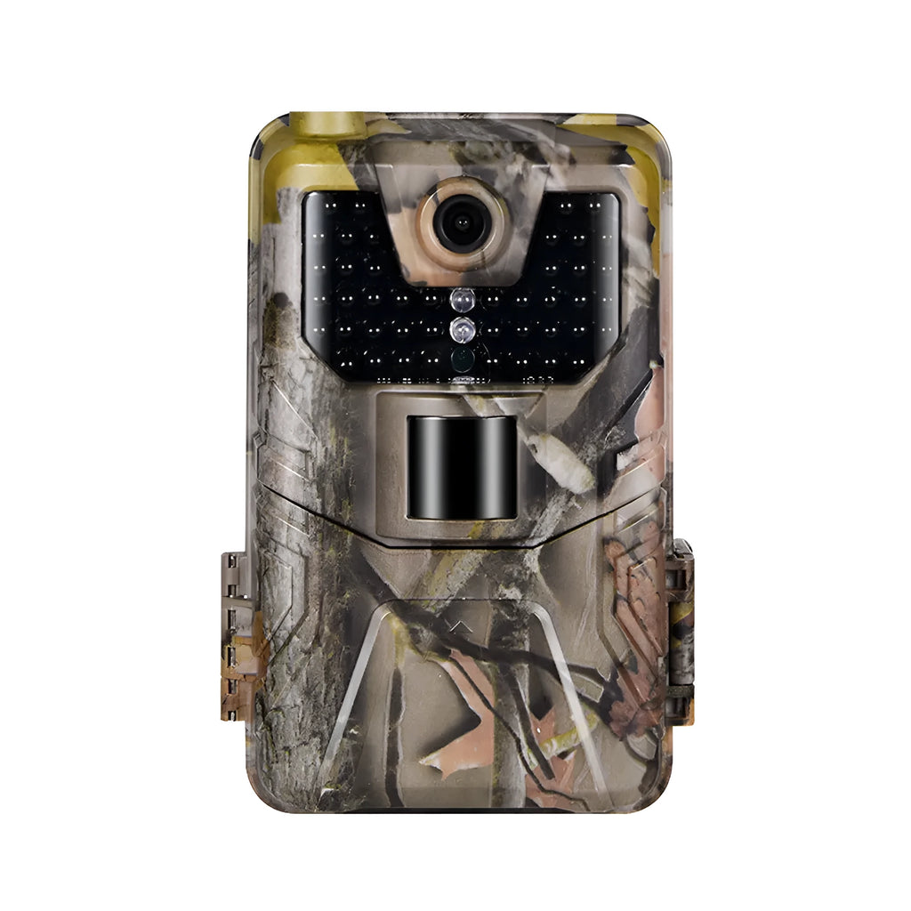 Camouflage outdoor trail camera with infrared LEDs, showing compact design for wildlife and security monitoring.