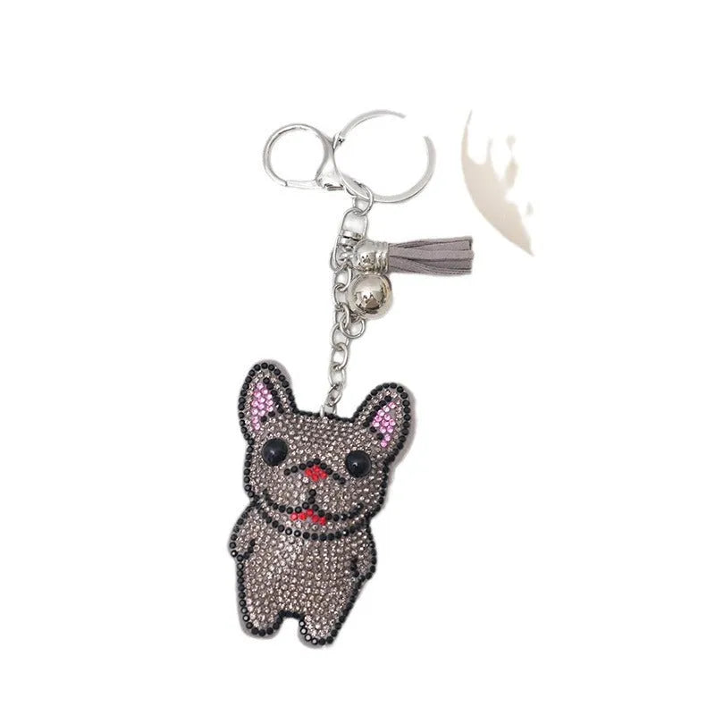 French dog cartoon rhinestone keychain pendant in caramel colour with alloy electroplating
