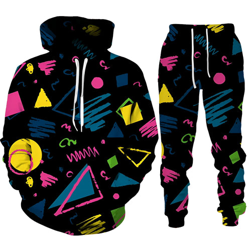 3D printed sports hoodie set for men with loose fit top and long pants in black