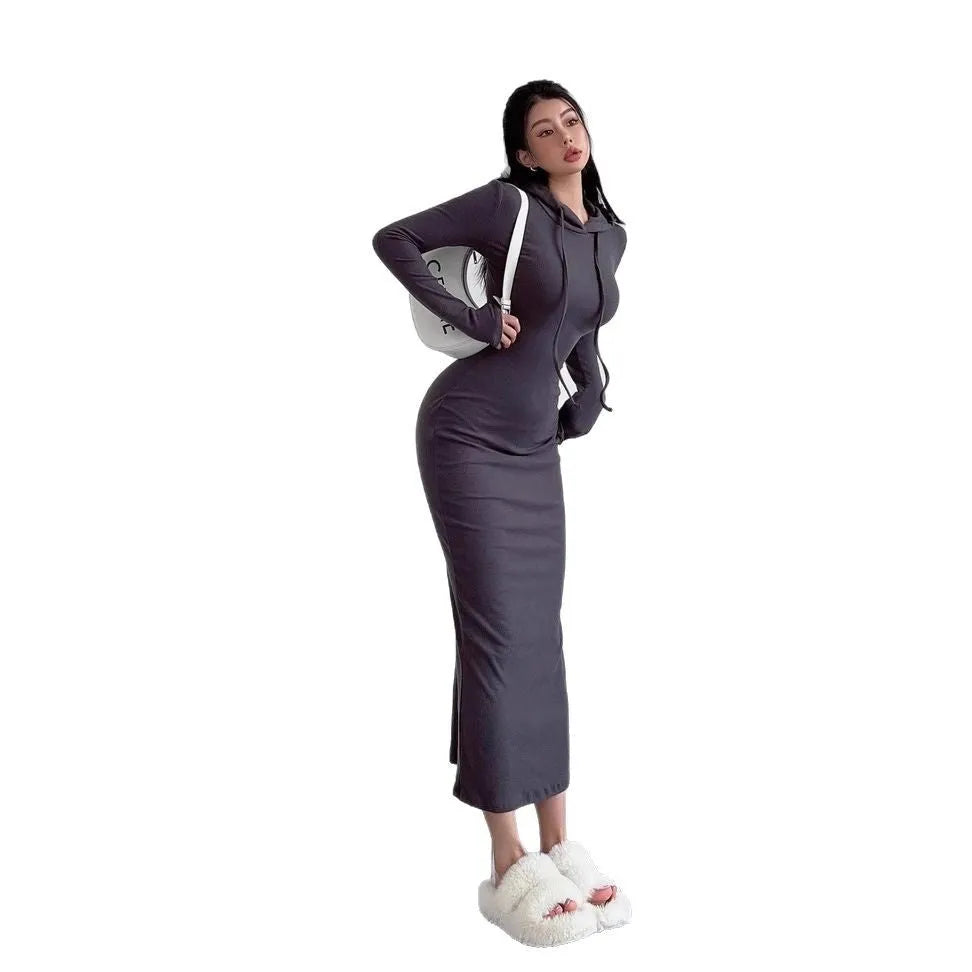 Women's hooded long sleeve sheath dress in polyester fabric with over-the-knee length