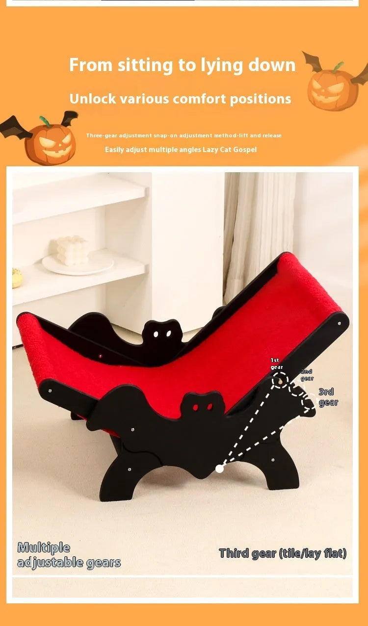 Wooden cat lounge chair with scratching posts and cage enclosure featuring a Halloween bat design in black and red.