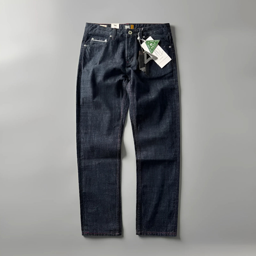 Men's straight leg denim trousers in primary colour with American retro style and mid-waist design