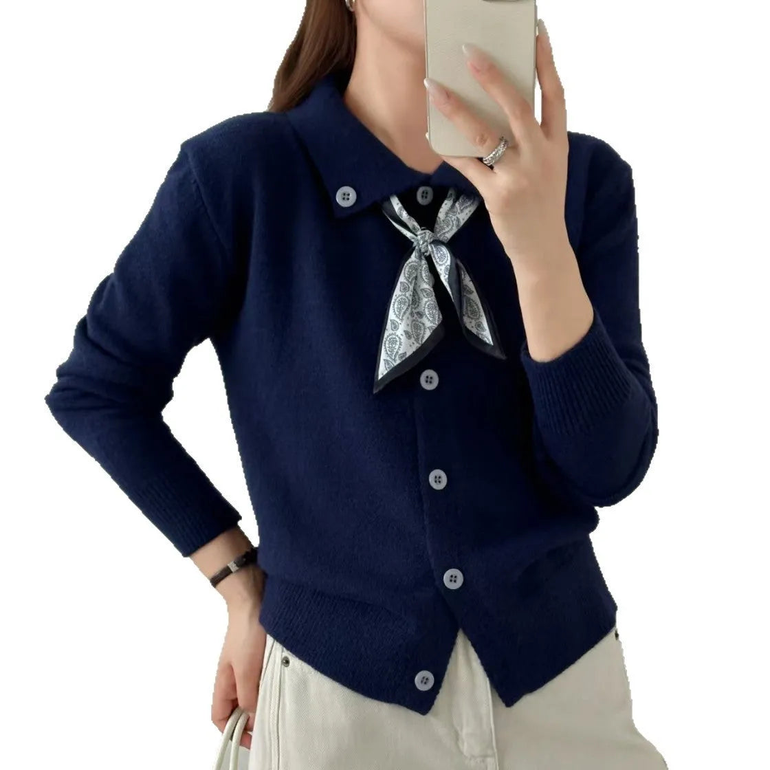 Lapel scarf sweater cardigan in acrylic fibre with splicing detail in beige colour