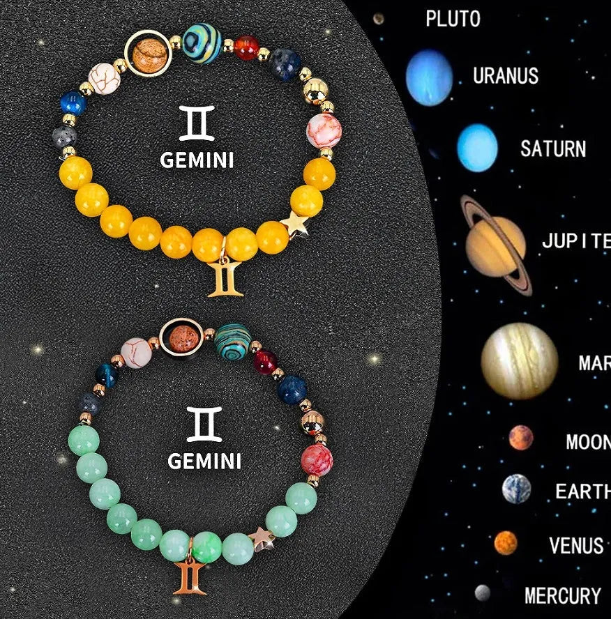 Two natural stone beaded bracelets with Chinese zodiac animal charms on an adjustable cord.