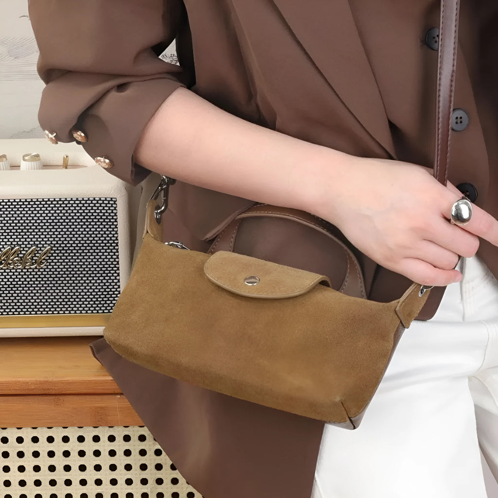 Women's genuine leather spliced dumpling crossbody bag with suede finish in six colour options