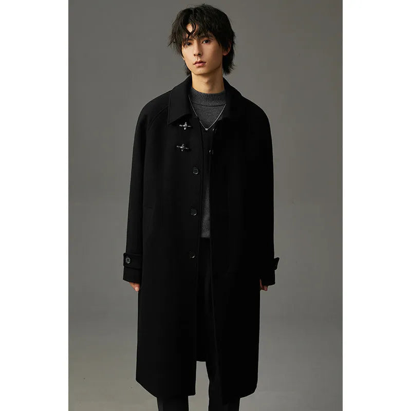 Men's double-sided polyester woolen coat in mid-length lapel style, available in black, olive green, and dark coffee, sizes M to 3XL
