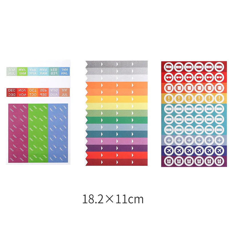 Handwritten label indicating adhesive stickers in white with multiple grid formats and colour options