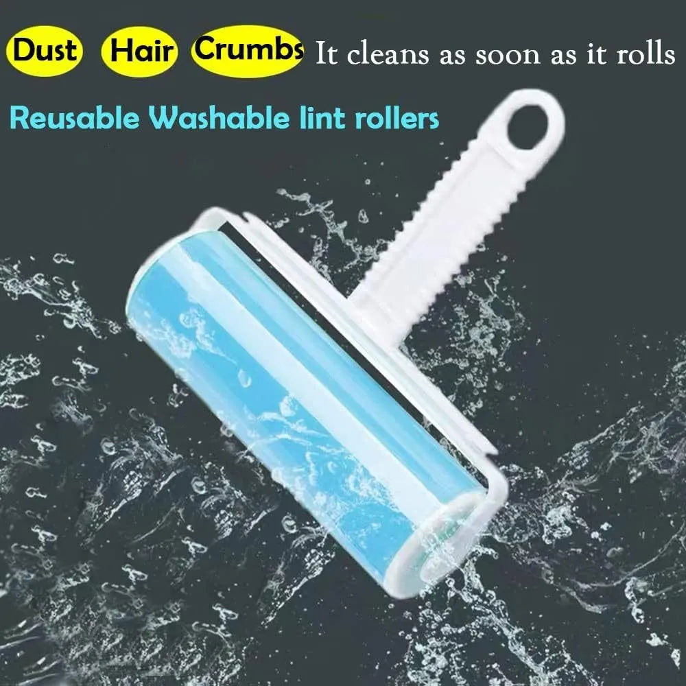 Washable reusable lint roller for pet hair removal in blue, green, pink and yellow colours with protective cover