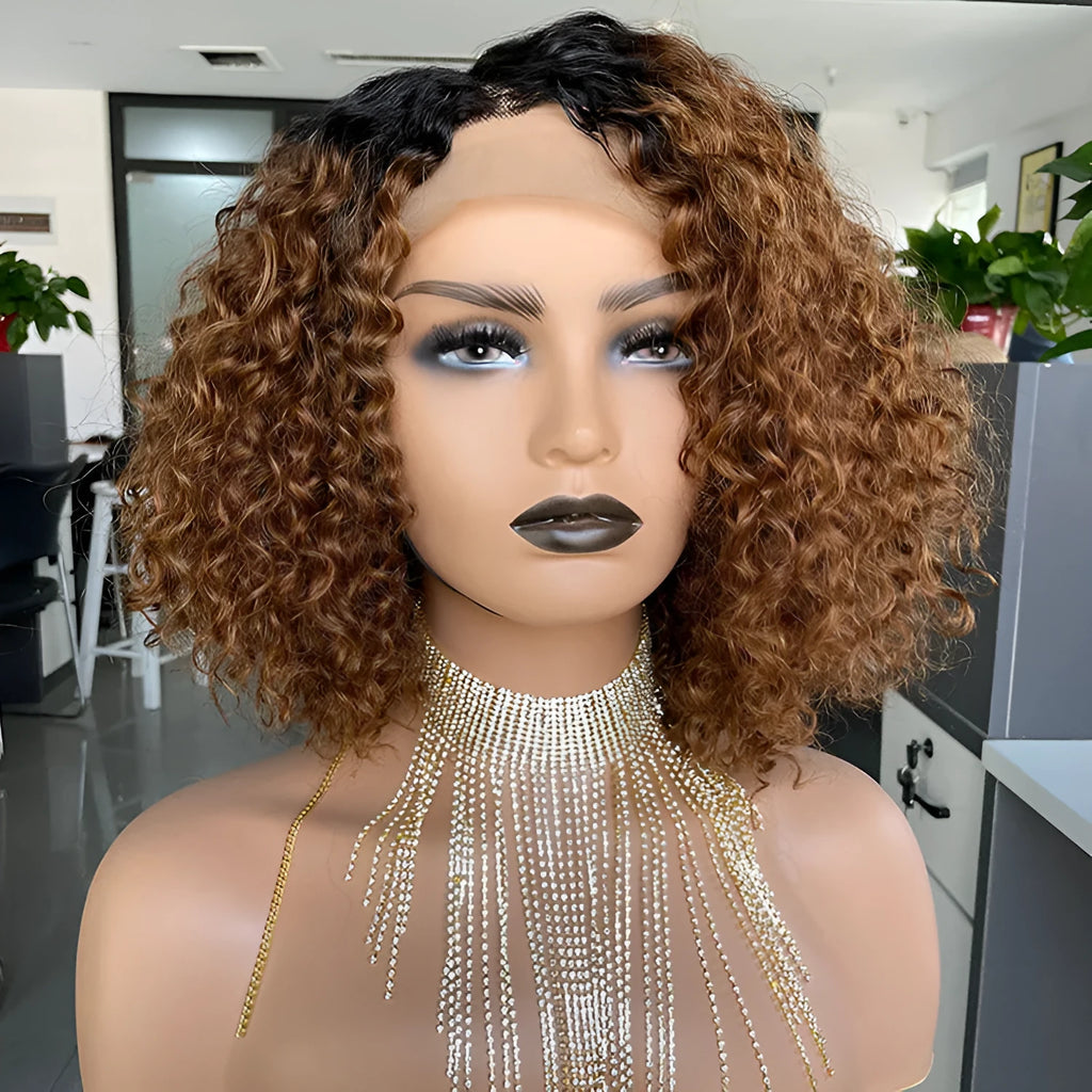 Ombre curly human hair lace wig in black with oblique bangs on a mannequin head