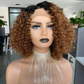 Ombre curly human hair lace wig in black with oblique bangs on a mannequin head