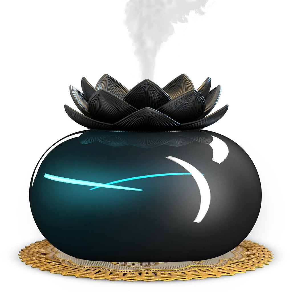 Pure black round lotus aromatherapy humidifier with USB cable and ceramic stone.