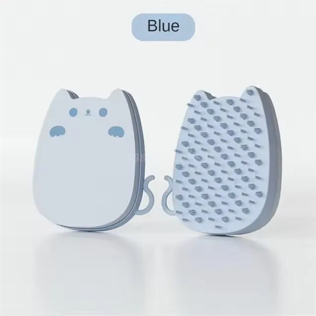 Blue silicone pet grooming comb with soft and hard bristle options for cats and dogs