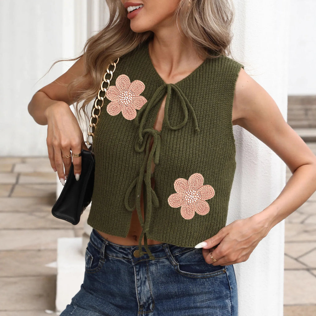 Ladies' army green sleeveless vest coat with lace-up bow and floral pattern on deer plush fabric.