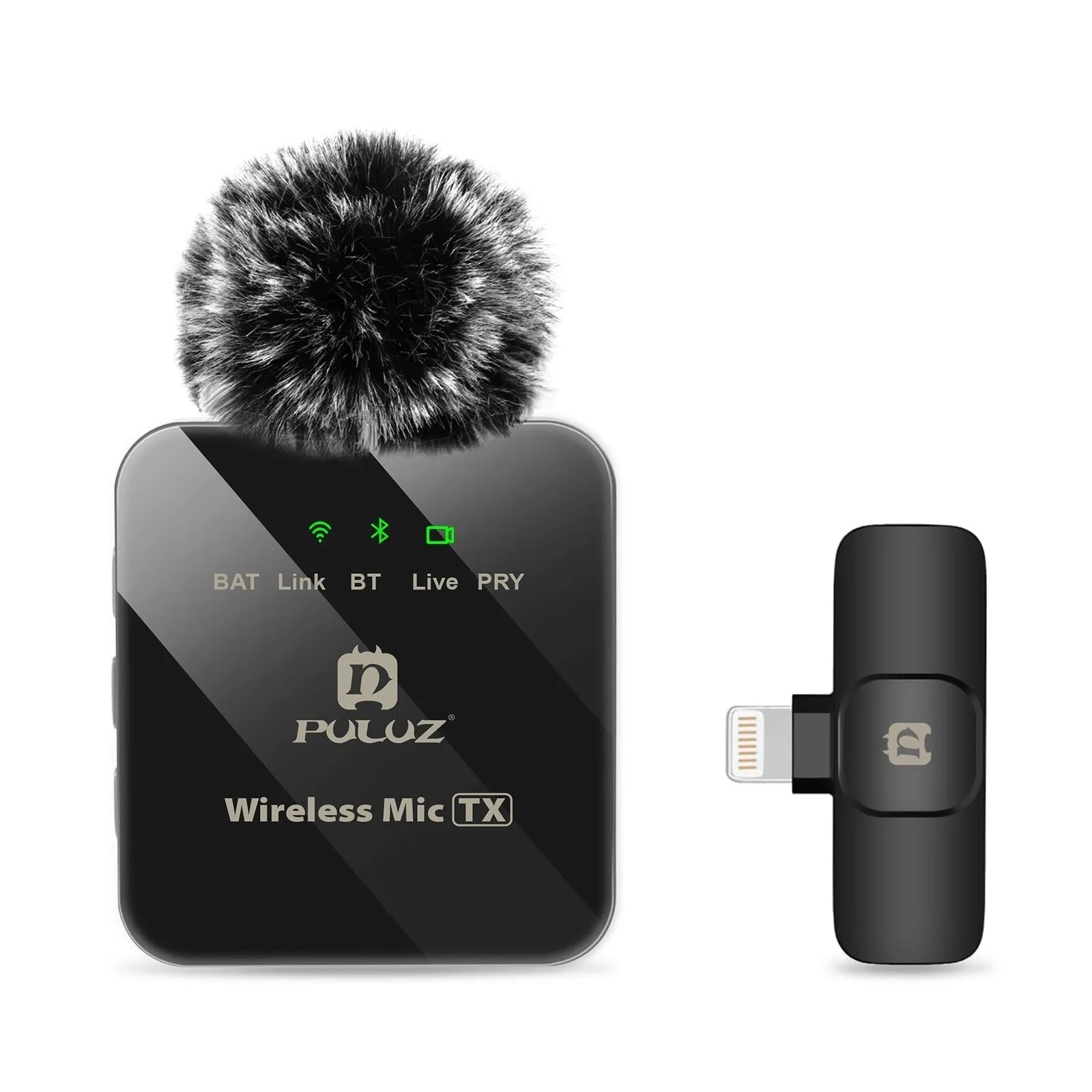 Wireless carbon fibre neckline clip microphone transmitter on a black background with storage box and accessories