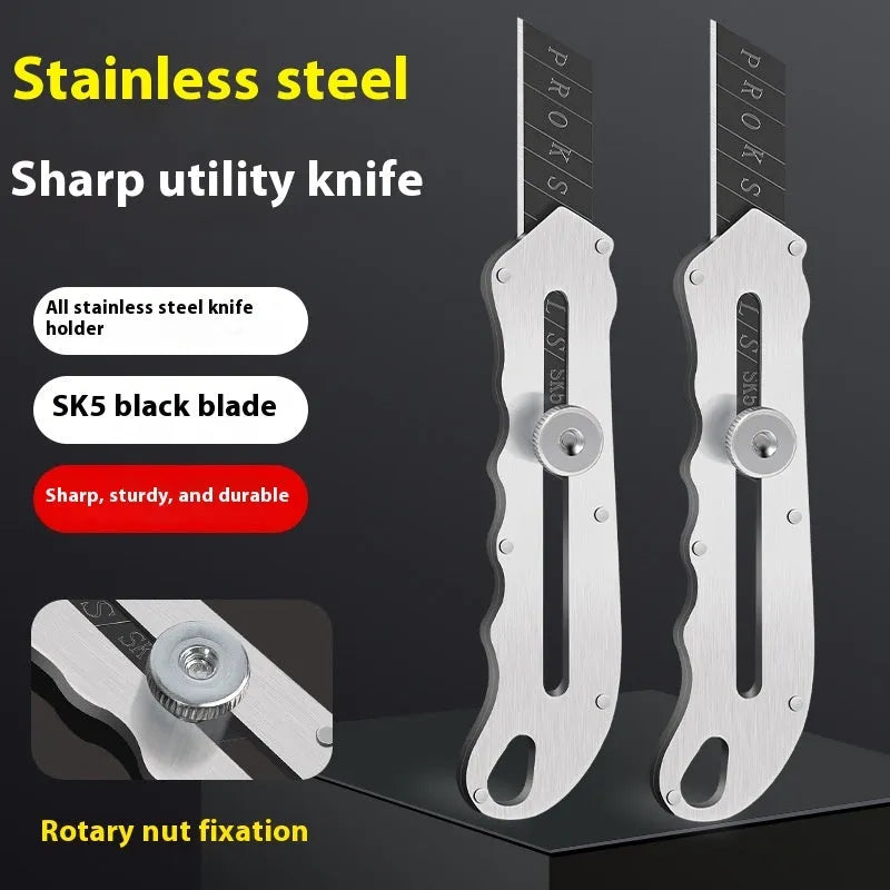 Stainless steel folding art knife with black blade and package of replacement blades