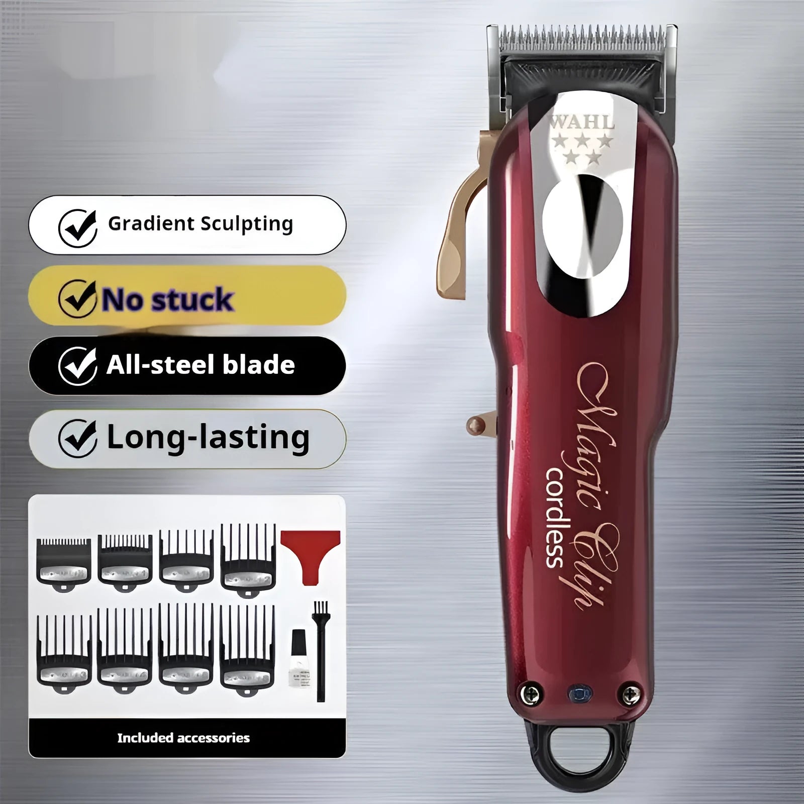 Cordless hair clipper set with stainless steel cutter head, shown with EU, UK, and US plug options.