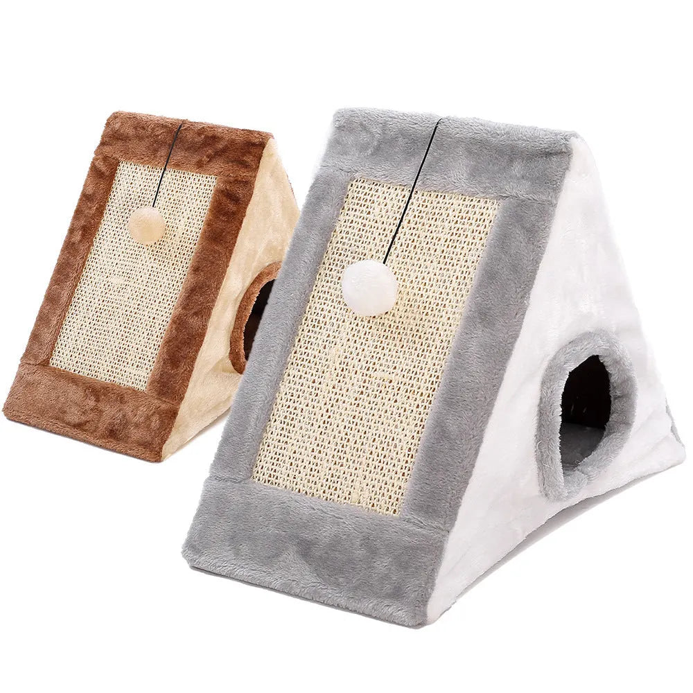 Grey and white triangle-shaped cat nest bed with an integrated sisal scratching post on the side.