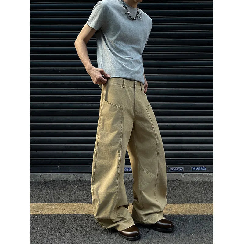 Men's khaki coloured straight-leg cotton casual trousers laid flat