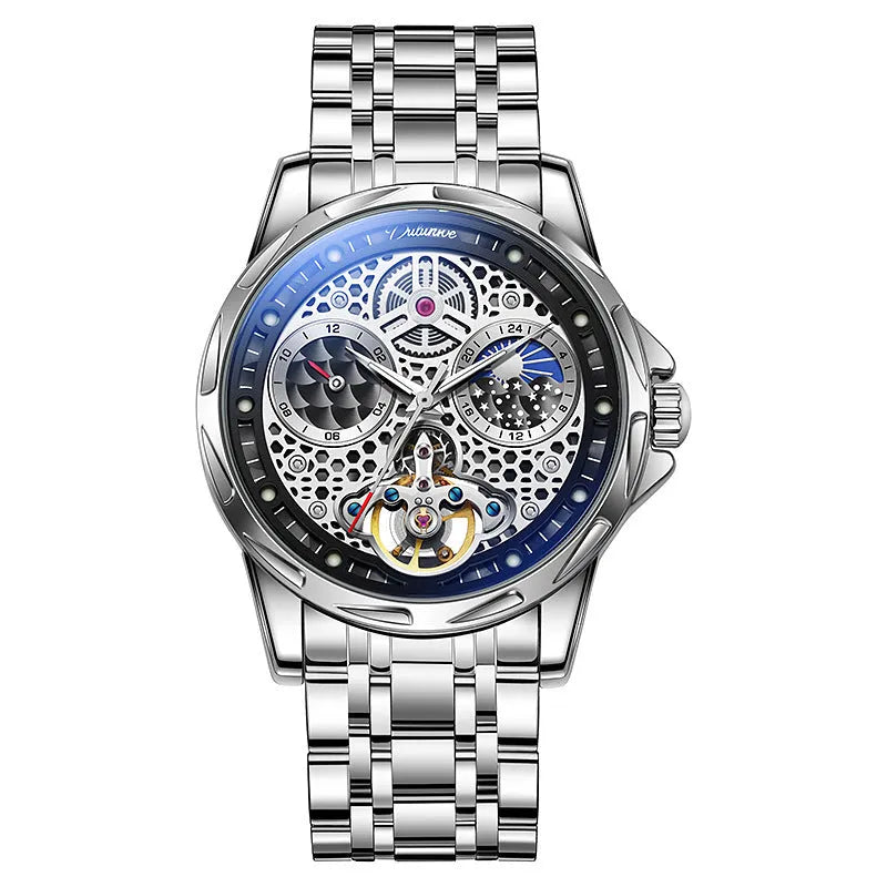 Men's automatic watch with luminous hands on steel bracelet, black dial, waterproof case